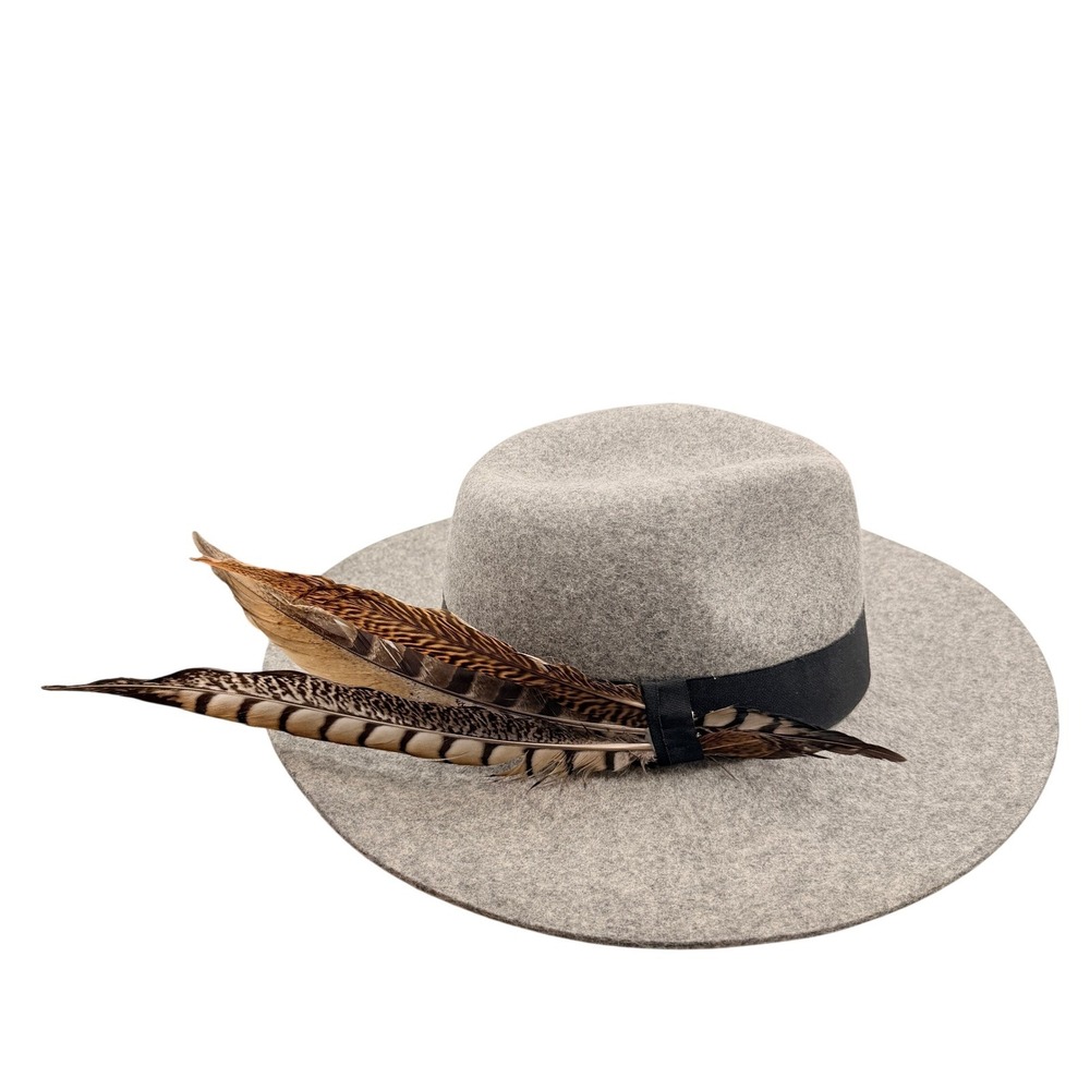 Halogen Womens Wool Fedora Hat Feather Grey Wide Brim Boho Western Fall Winter - Picture 9 of 9
